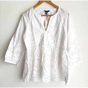 Hatley White Cotton Eyelet Detail Boho top Organic Cotton XS made in India XS